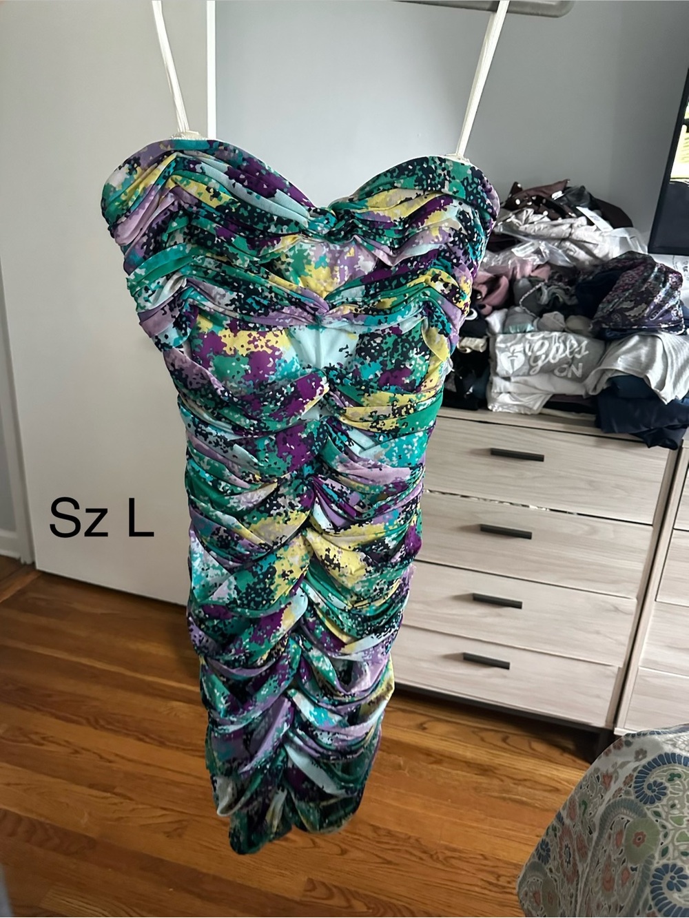 BCBGeneration Strapless Ruched Midi Dress in Teal, Purple & Yellow Print